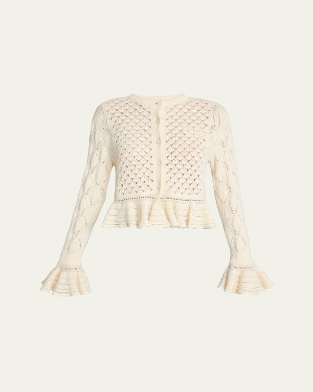 Open-Knit Ruffle Crewneck Cardigan